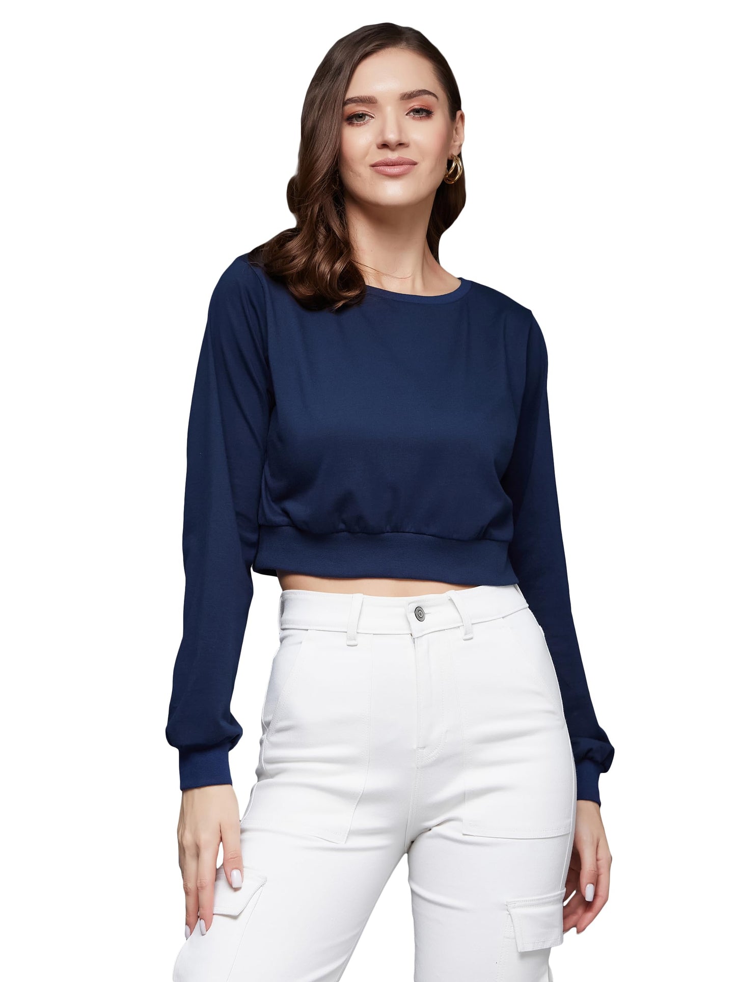 Miss Chase Womens Round Neck Full Sleeves Oversized Boxy Crop Top (MCAW23TP99-54-71-02, Navy Blue, XS)