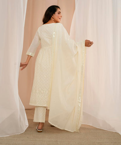 Libas Womens Embroidered Cotton A-Line Kurta With Trousers And Dupatta