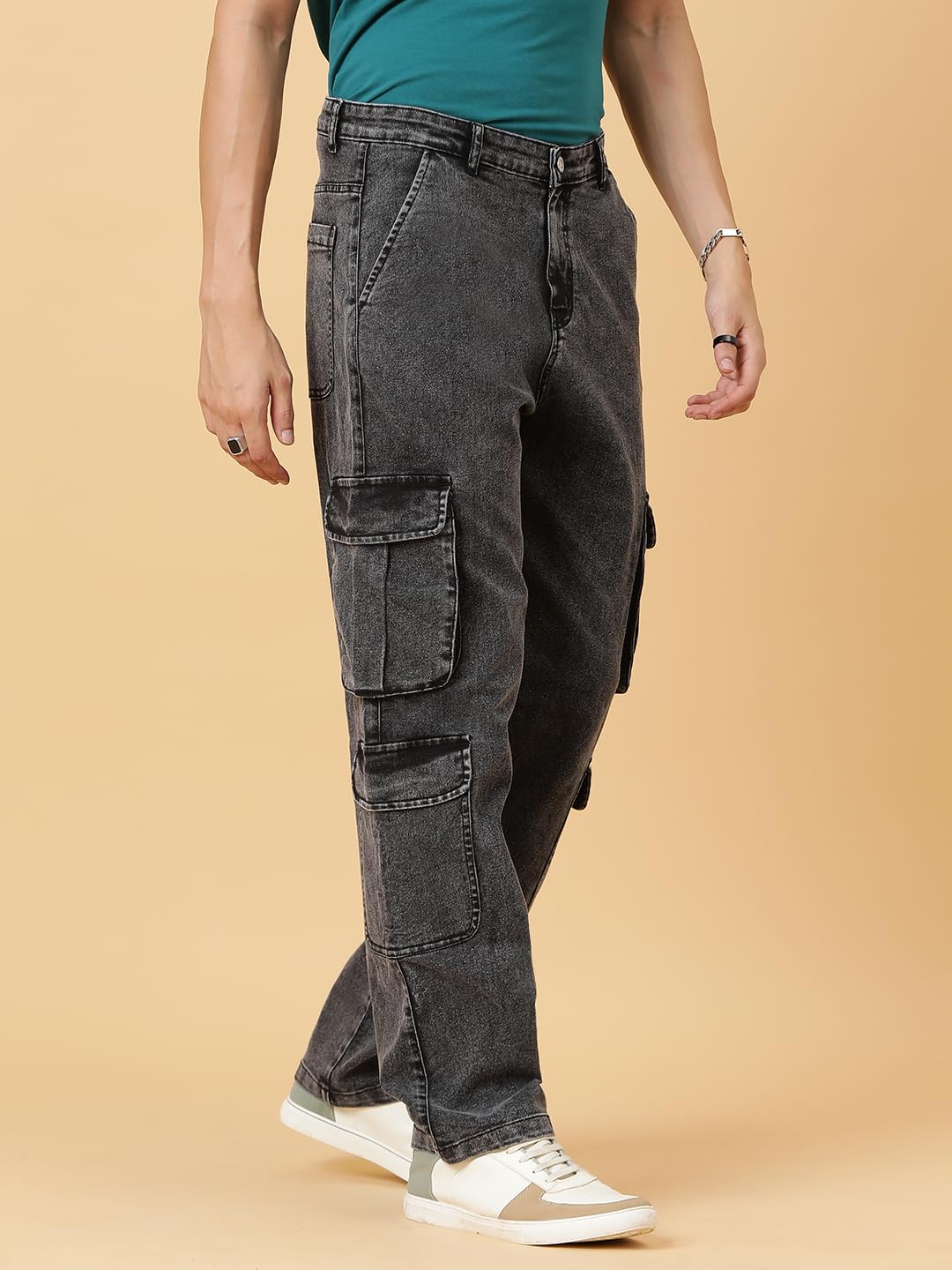 Kotty MenS Solid Mid Rise Straight Fit Stylish Looking Cargo Jeans(Grey,28)
