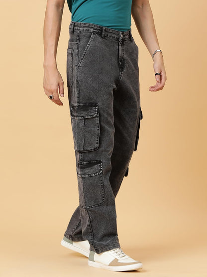 Kotty MenS Solid Mid Rise Straight Fit Stylish Looking Cargo Jeans(Grey,28)