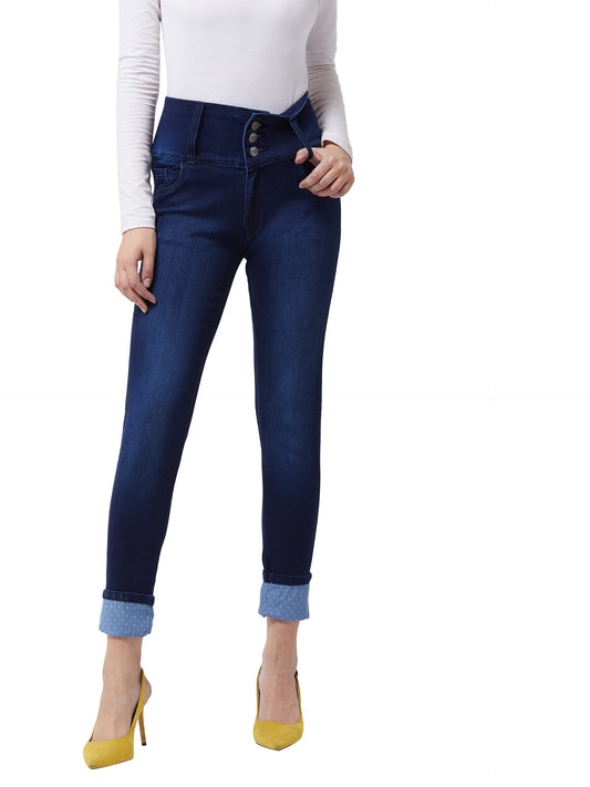 Dolce Crudo Womens Navy Blue Skinny Fit High Rise Regular Length Printed Stretchable High Waist Denim Jeans (DOSS19DEN07-14-71-