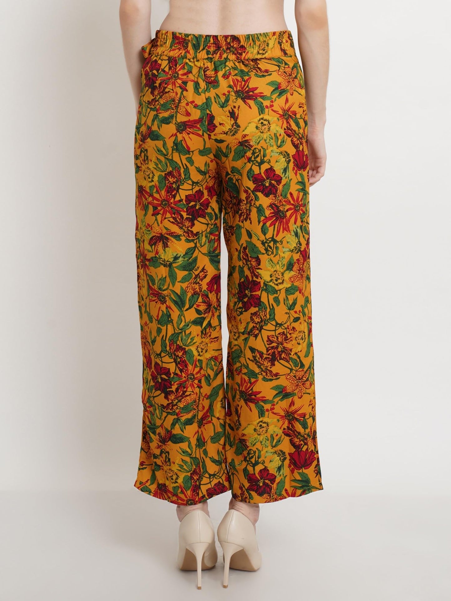 Popwings Casual Mustard Floral Printed Regular Fit Palazzo For Women Palazzos For Women