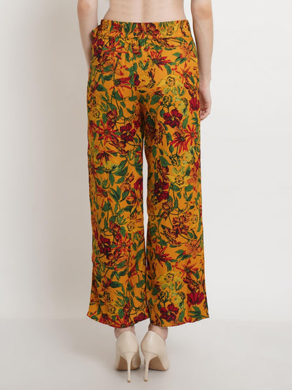 Popwings Casual Mustard Floral Printed Regular Fit Palazzo For Women Palazzos For Women