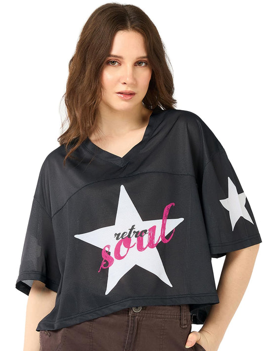 Bewakoof Air 1.0 Womens Graphic Printed Oversized Fit Half Sleeve V-Neck Poly Mesh Crop T-Shirt_683799_Black_S