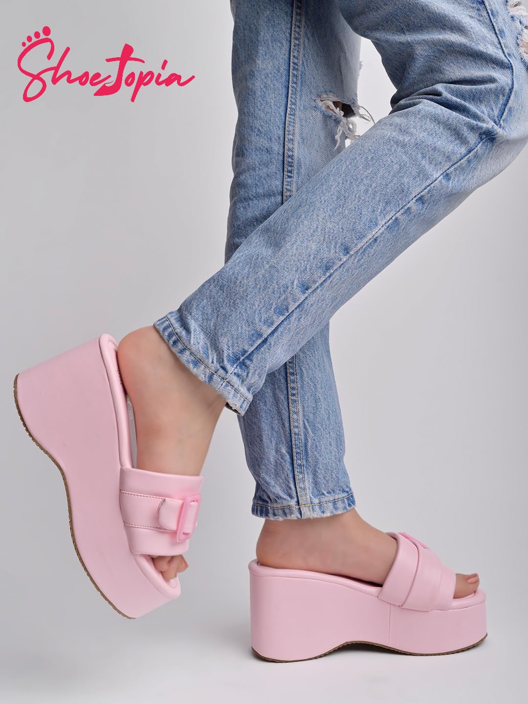 Shoetopia WomenS Pink Platform Slip-On Sandals  Chunky Wedge Slides With Buckle Strap Stylish Comfortable, Durable Perfect For