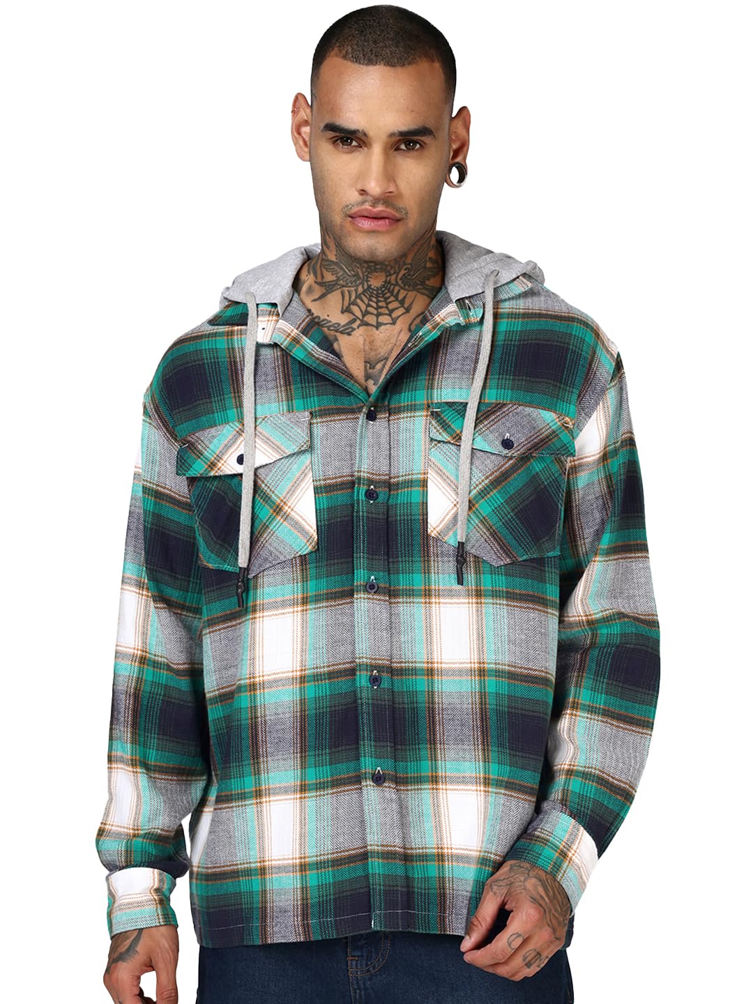 Bewakoof Mens Checked Oversized Fit Full Sleeve Hooded Cotton Twill Shirt_685479_Green_XL