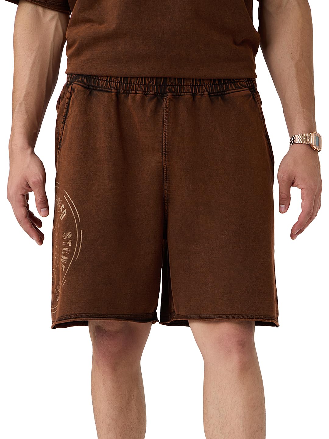 The Souled Store Vintage Wash: Chestnut Men and Boys Drawstringed Brown Graphic Printed Knee Length Cotton Bermuda Shorts