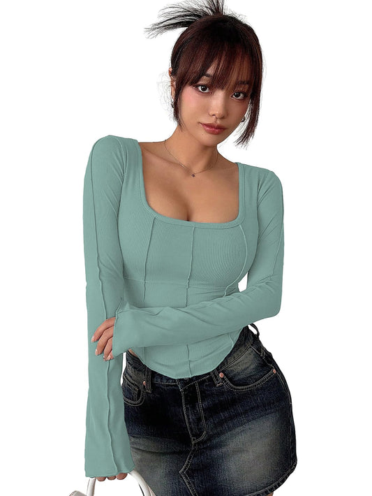 Sugathari Womens Teal Green Solid Long Sleeve Wrap-Style Square Split Crew Neck Bodycon Women T-Shirt Spring And Summer, Minima