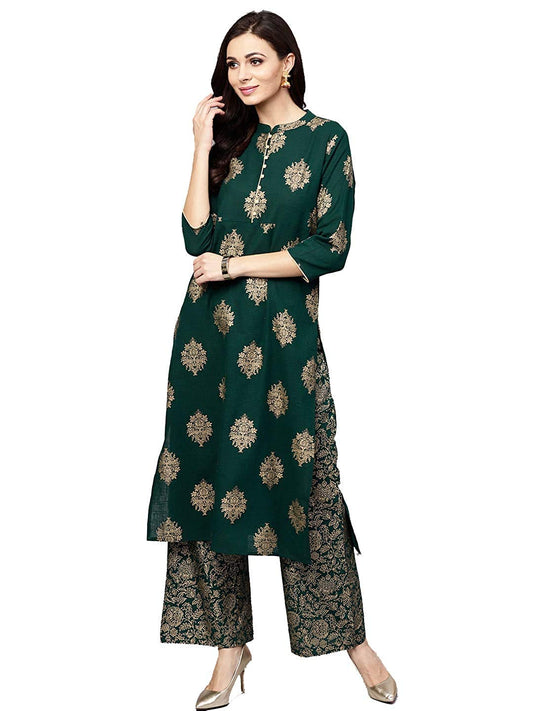 Gosriki WomenS Green & Golden Ethnic Printed Kurta With Palazzos