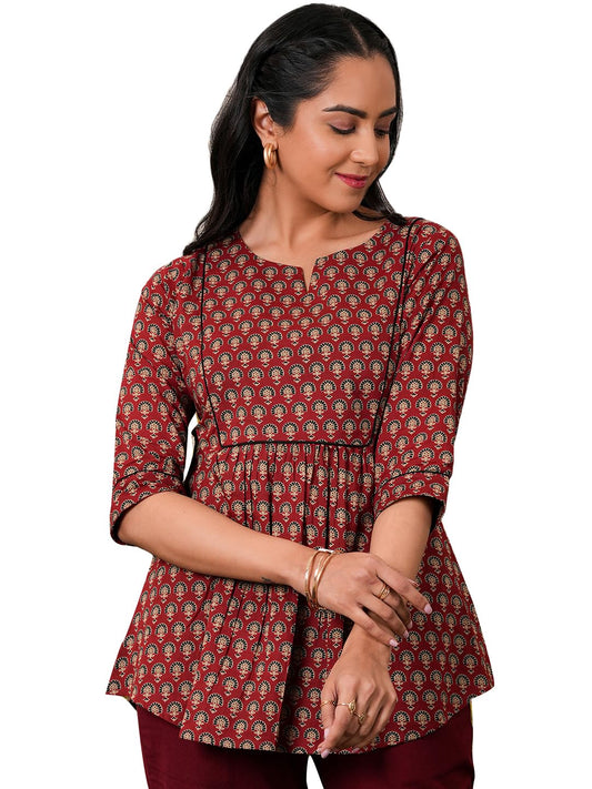 Libas Maroon Printed A-Line Cotton Kurtis