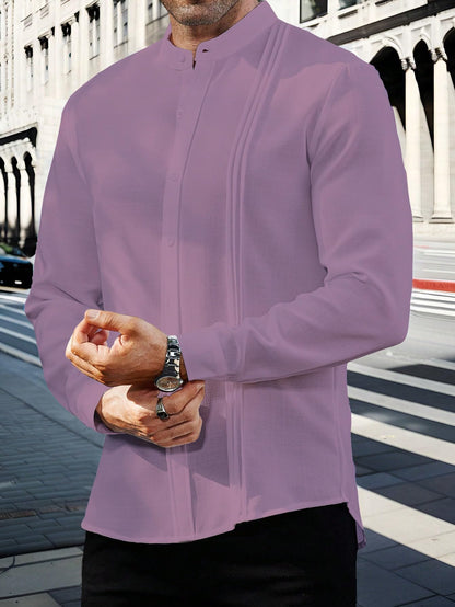 AVANOVA Mens Solid Urban Plain Peach Color Button-Down Long Sleeve Single-Breasted Stand Collar Slim Fit Business Casual Shirt,