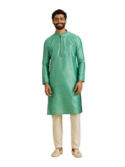 Manyavar MenS Art Silk Intricate Prints & Neck Detailing Kurta Pyjama Set (Green,L)