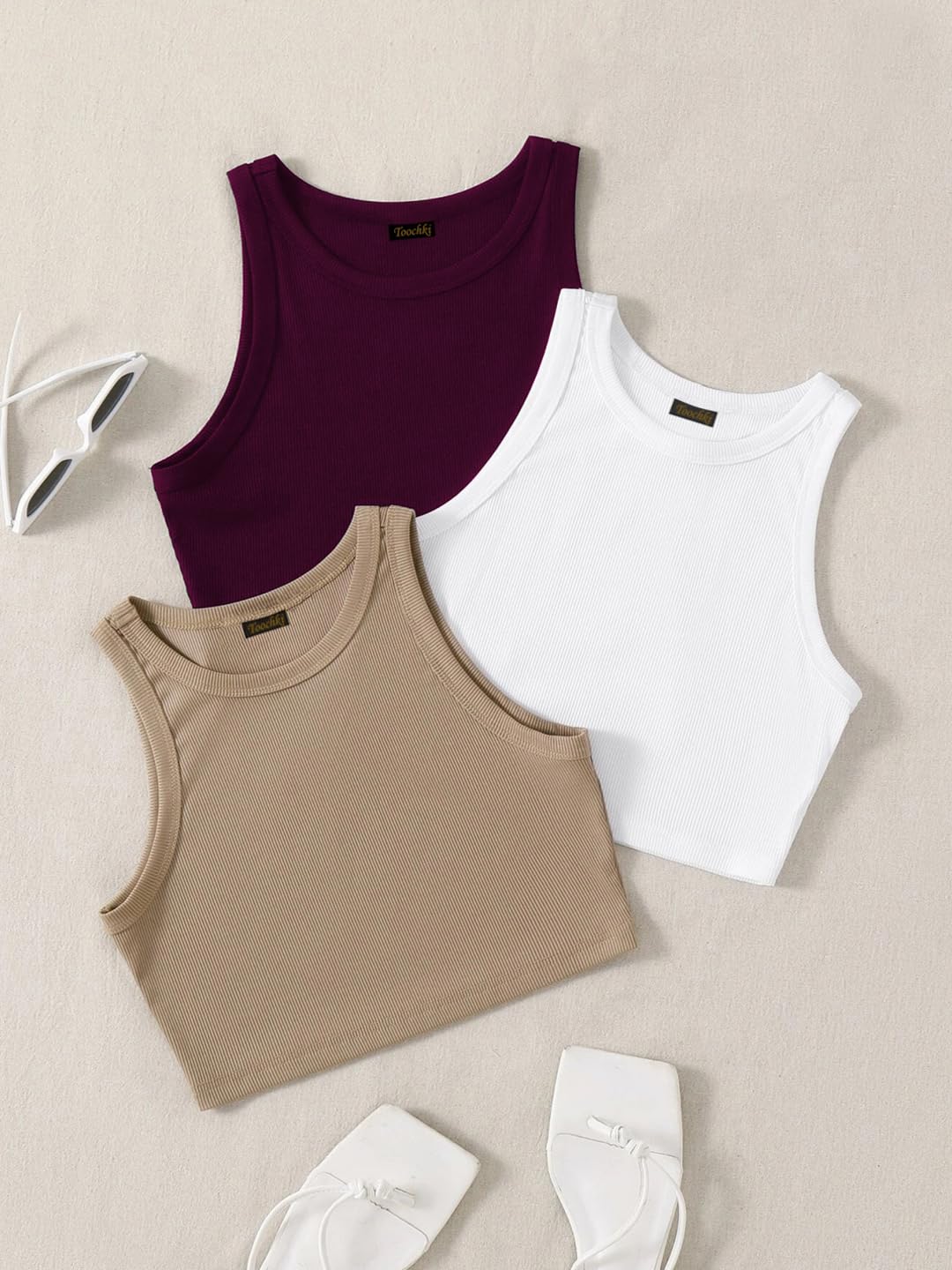 Toochki Tops for Woman | Spandex Top | Crop | Short | Western | for Jeans | Sleeveless | Stretchable | Pack of Three | Beige-Whi