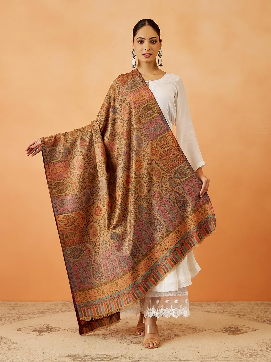 Pashmoda Women Dilruba Kaani Wool Blend Kashmiri Shawl, Stole, Scarf, Luxury Pashmina Evening Wrap (Size: 101 X 203 CM)