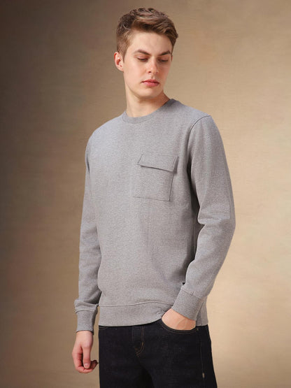 Dennis Lingo Men Grey Solid Cotton Slim Fit Full Sleeve Sweatshirt
