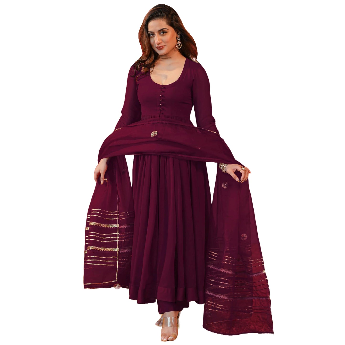 GoSriKi Women's Anarkali Kurta with Pants & Dupatta, Rayon Blend, Size 44, Wine, Model JAYNTI RED-GS