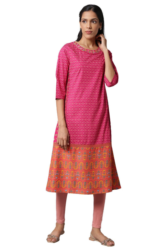 W Dark Pink Floral Printed Embroidered Regular Kurta For Women
