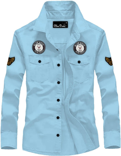 Kadiyu MenS Cotton Blend Shirt With Pockets Full Sleeves Round Collar Neck Botton Down Closure Solid Pattern Relaxed Fit And St
