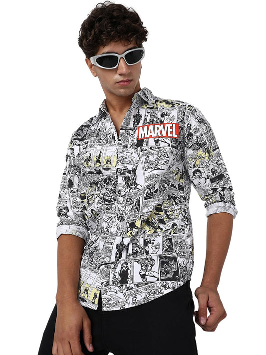 Bewakoof Official Marvel Merchandise Avengers Mens All Over Printed Regular Fit Full Sleeve Collar Poplin Shirt_666822_White_S