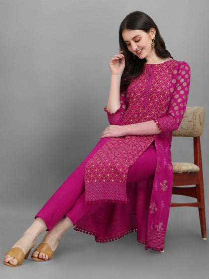 Modestouze Attires WomenS Cotton Blend Gold Pigment Printed Cord Set With Round Neck 3/4 Sleeve Straight Cut Length Kurta And S