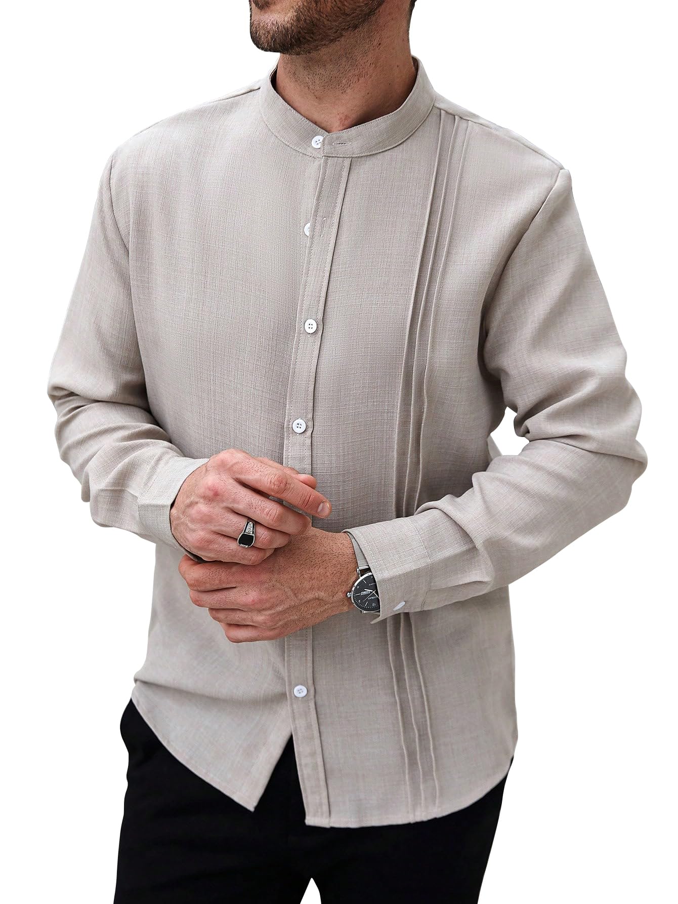 AVANOVA Mens Solid Urban Plain Beige Color Button-Down Long Sleeve Single-Breasted Stand Collar Slim Fit Business Casual Shirt,