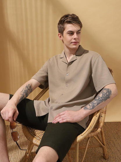 Dennis Lingo Men Relaxed Fit Beige Half Sleeves Polyester Casual Shirt