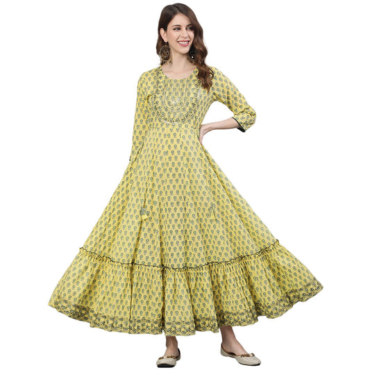 ishin Women's Cotton Yellow Sequinned Embroidered Anarkali Kurta