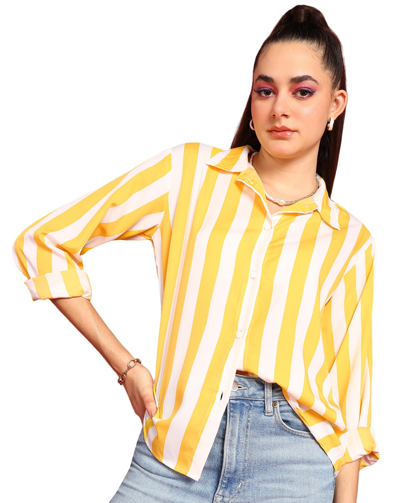 POPWINGS Stripe Printed Crepe Shirt for Women Stylish Western Casual Regular Fit Full Sleeves Shirts for Women Shirt