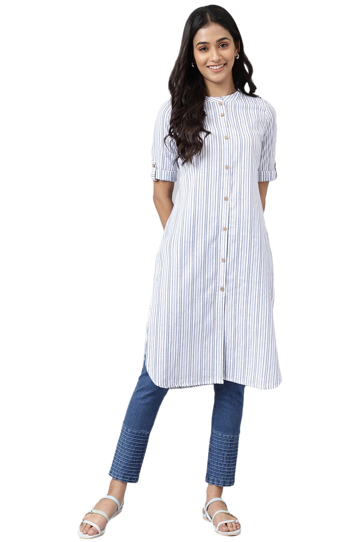 Aurelia Women White Cotton Stripes Printed Straight Kurta_22Aua13355-702450_Xxl