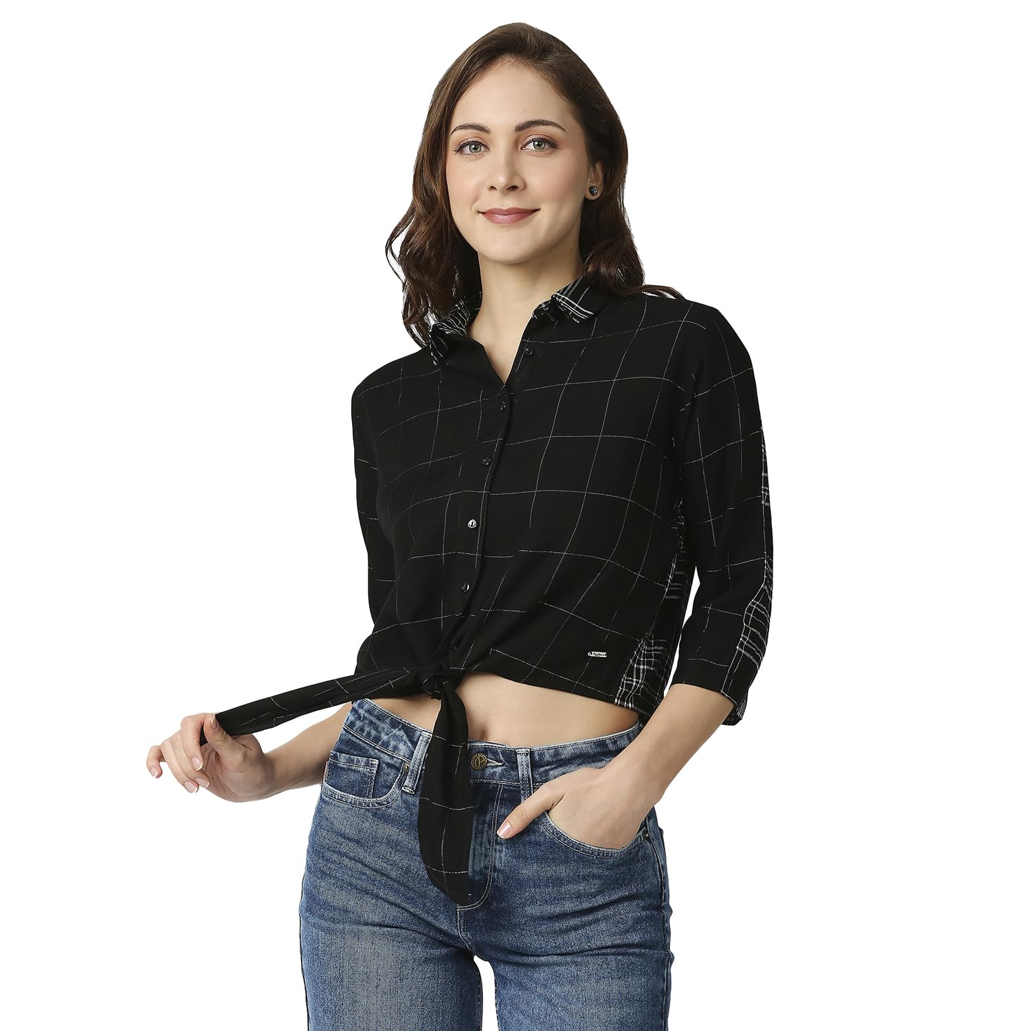 Pepe Jeans Color Block Viscose Collar Neck Womens Casual Shirt (Black, Extra Large)