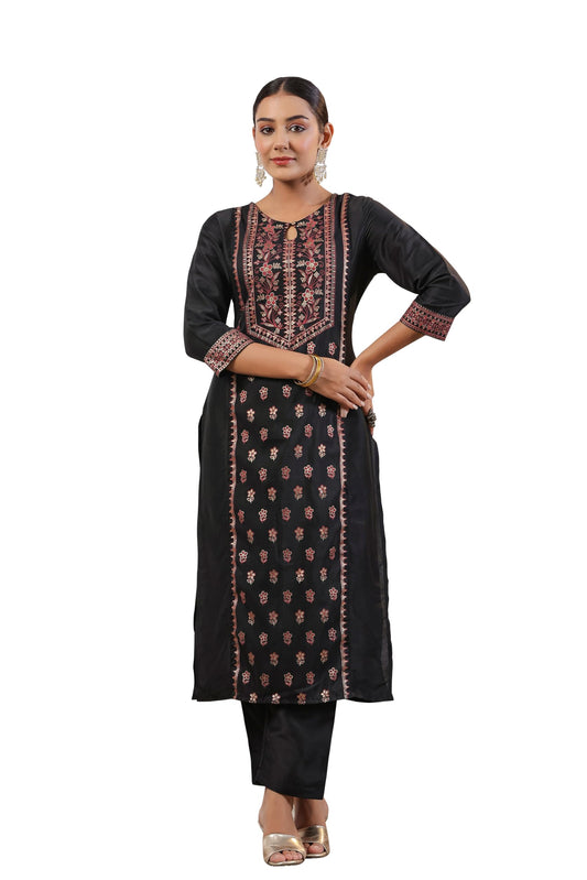 ishin Women's Black Ethnic Motifs Foil Print Straight Kurta with Trousers