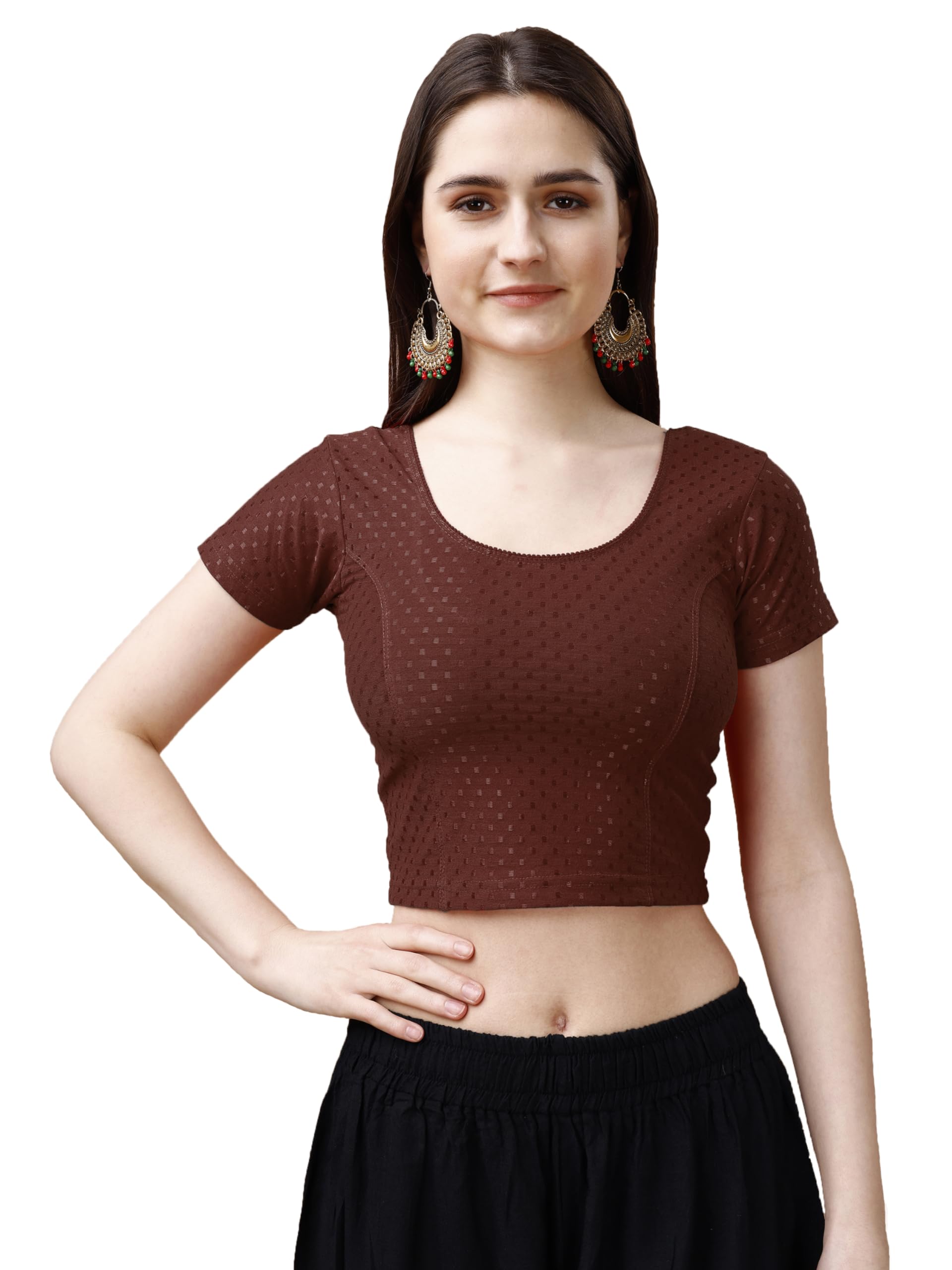Pujia Mills Womens Readymade Dobby Cotton Lycra Stretchable Round Neck Short Sleeve Blouse Fancy Brown Color Lycra Stretchable