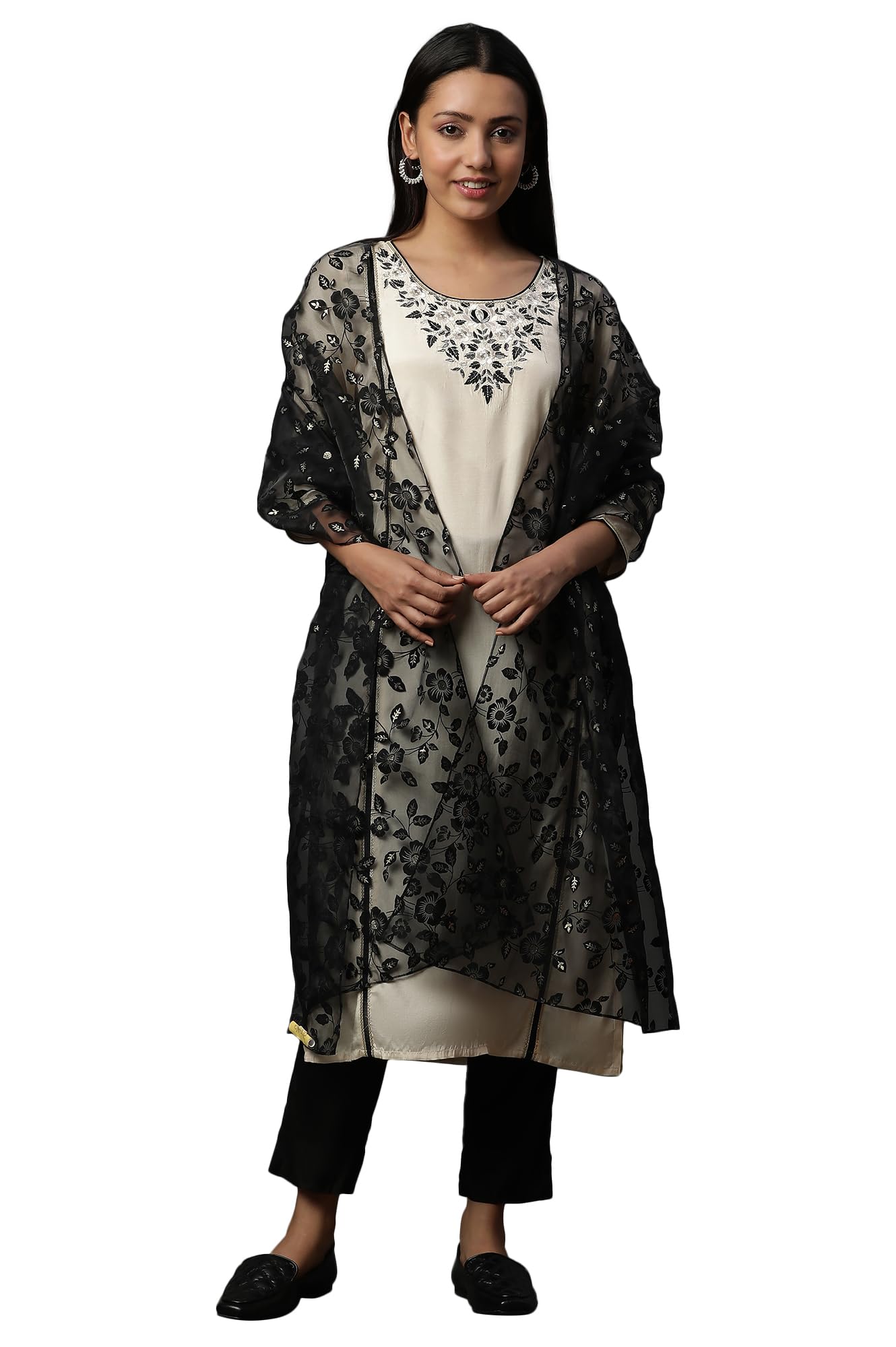 Aurelia Cotton Blend Women Floral Print Dupatta, Black, Free Size