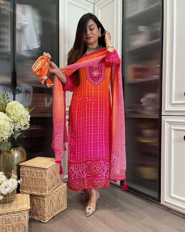 GoSriKi Women's Rayon Viscose Bandhej Print Kurta with Trousers & Dupatta, Large, Multicoloured, Model SHRIHA MULTI-GS