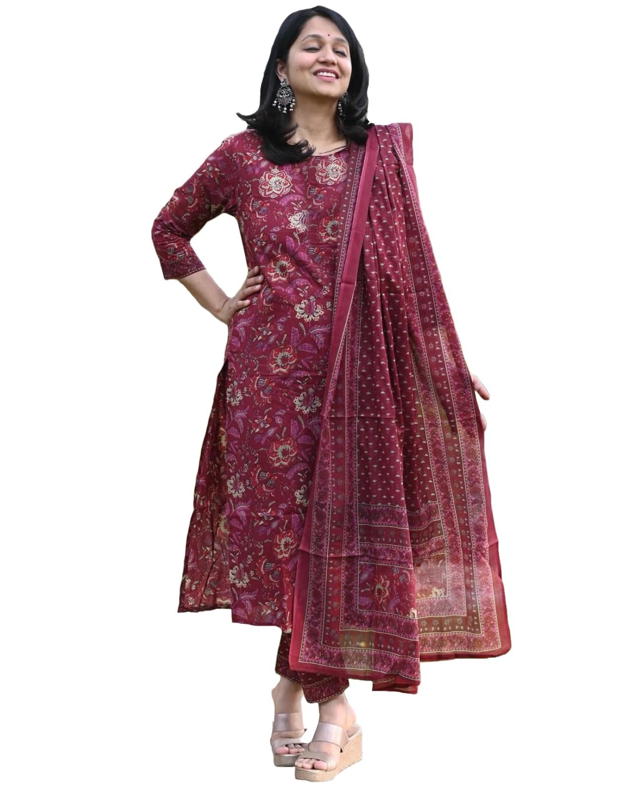 Gosriki WomenS Rayon Blend Straight Printed Kurta With Pant & Dupatta (Parava Maroon-Gs_Xxl_Maroon_Xx-Large)