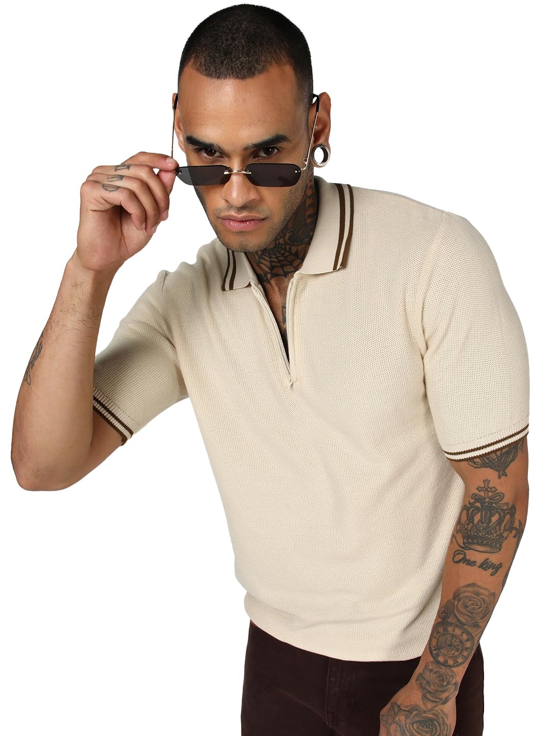 Bewakoof MenS Textured Regular Fit Half Sleeve Pure Cotton Polo T-Shirt_687635_Off White_S