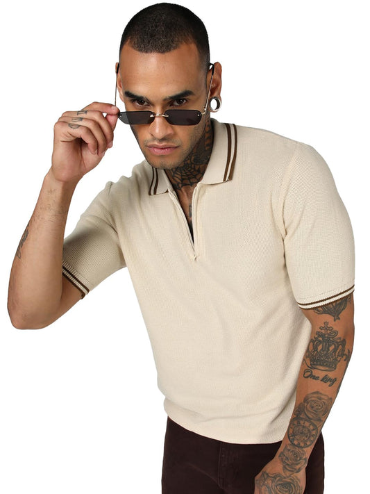 Bewakoof MenS Textured Regular Fit Half Sleeve Pure Cotton Polo T-Shirt_687635_Off White_S