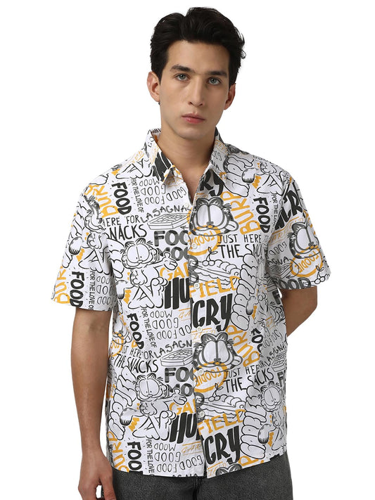 Bewakoof Official Garfield Merchandise Mens All Over Printed Oversized Fit Half Sleeve Collared Poplin Shirt_666760_White_XL