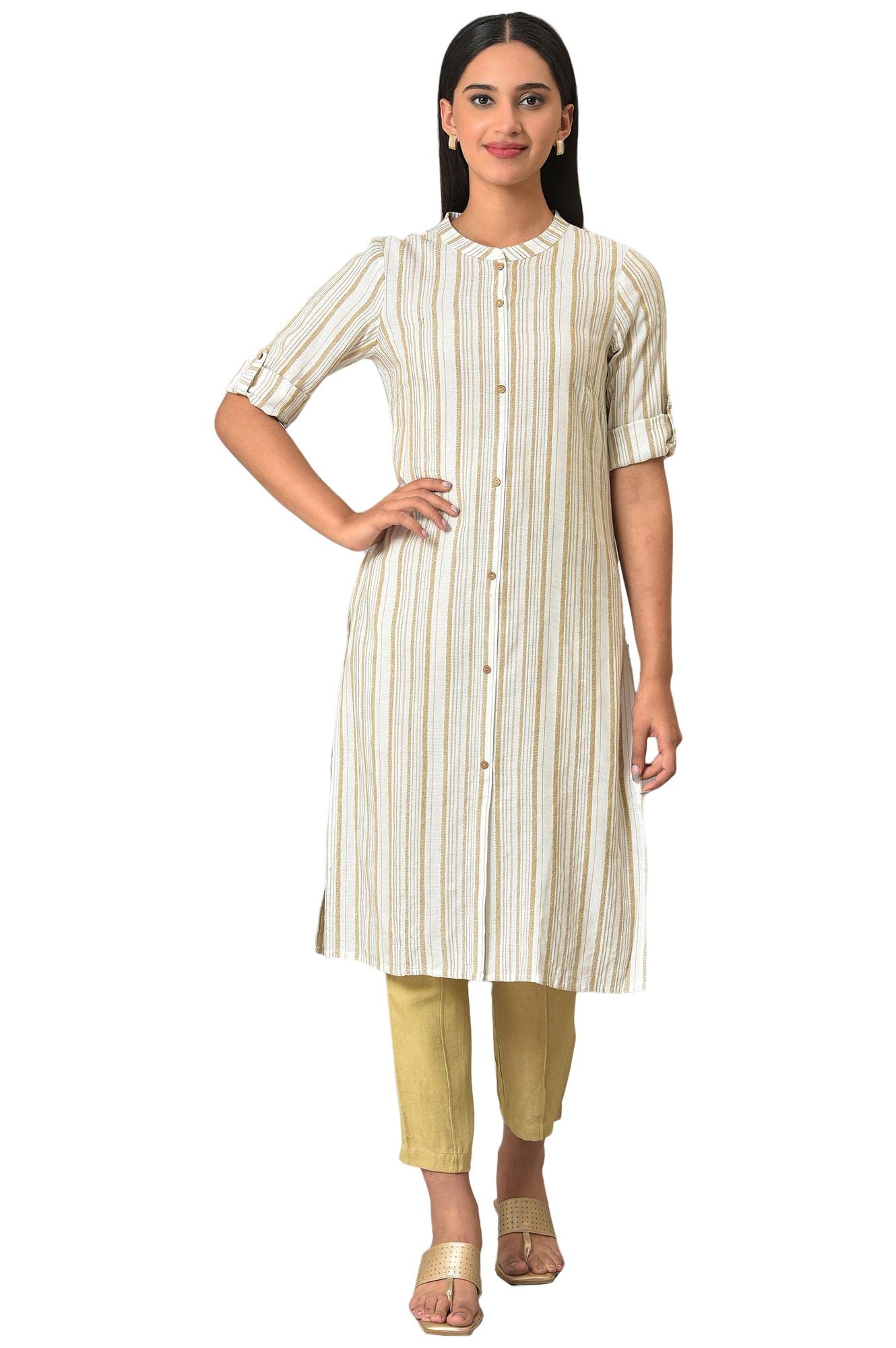 Aurelia Beige Stripe Print Kurta & Trousers Set