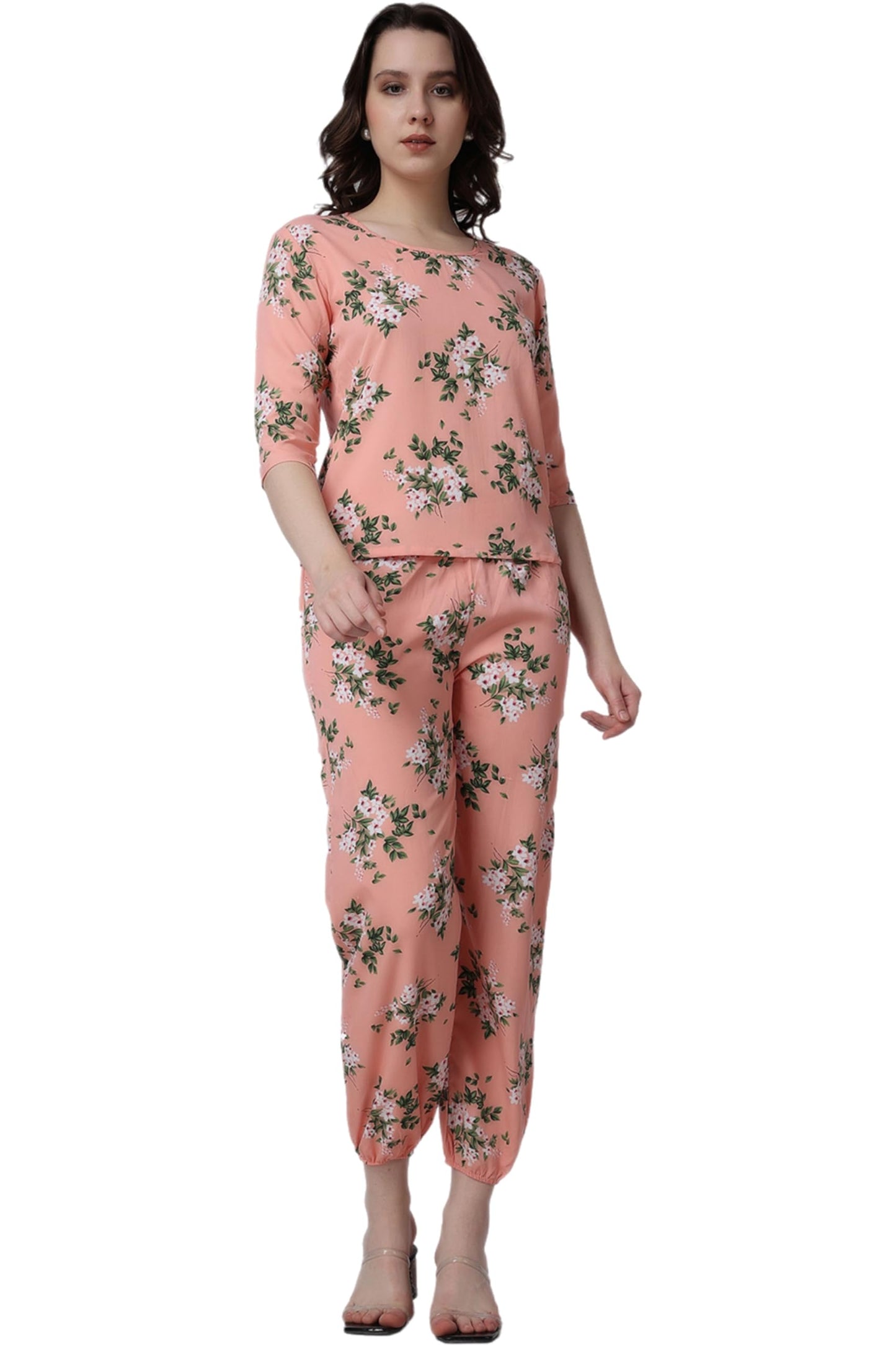 POPWINGS Casual Printed Top and Joggers Set for Women || Stylish Summer Co-Ords Set for Women || Round-Neck Top and Joggers Comb
