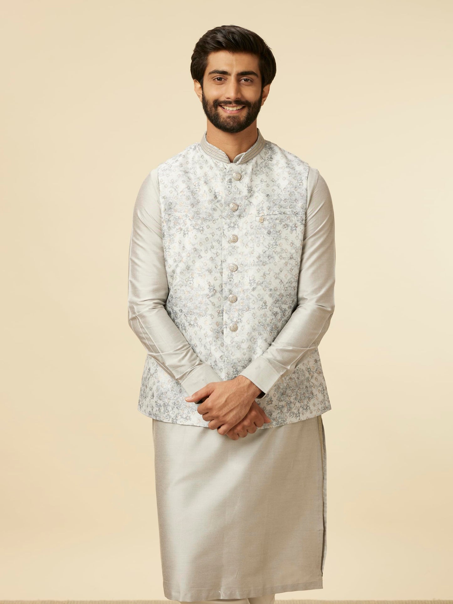 Manyavar Grey Art Silk Foil Print Kurta Jacket Set
