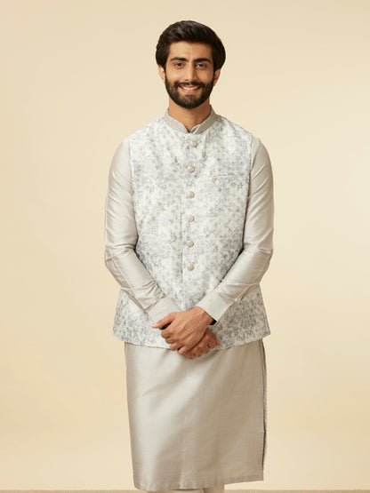 Manyavar Grey Art Silk Foil Print Kurta Jacket Set