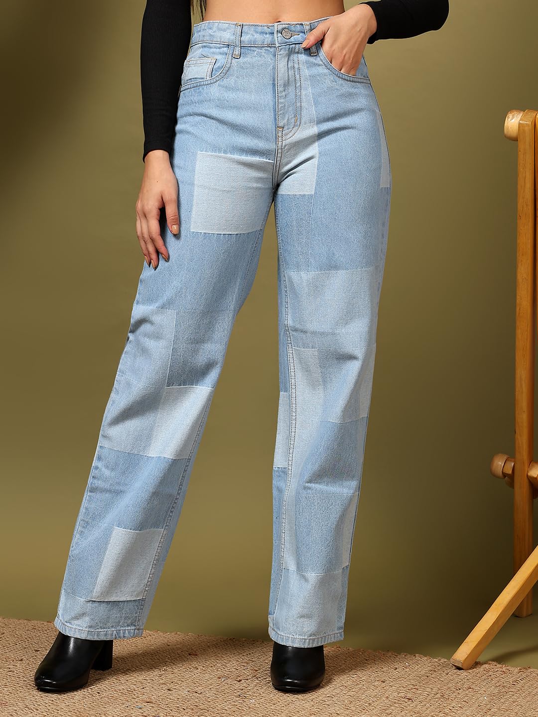 Kotty WomenS Checkered Pure Cotton Wide Leg Jeans(Blue,32)