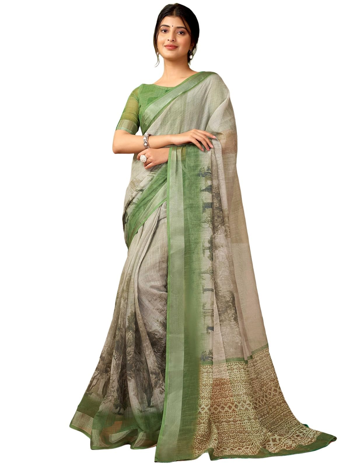 Satrani Womens Linen Printed & Zari Border Ready To Wear One Minute Pre Pleated Readymade Saree with Unstitched Blouse Piece (3