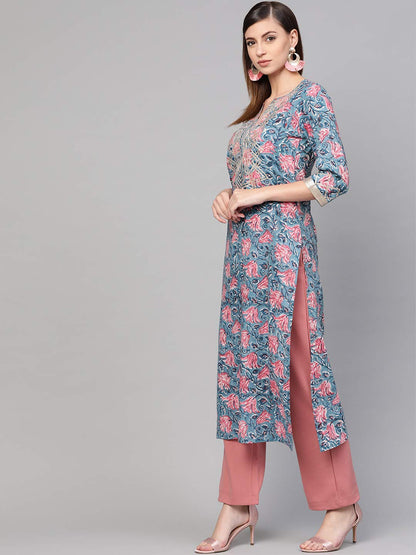 idaLia Women's Blue Jaal Print Cotton Kurta