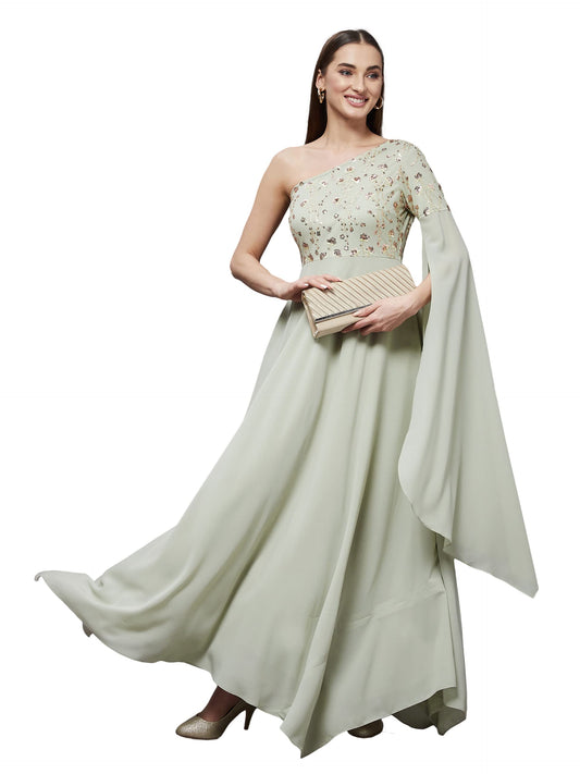 Miss Chase WomenS Dusty Green And Golden Solid Embellished Asymmetric Maxi Dress (Mcaw21D06-20-244-06, Dusty Green And Golden, 
