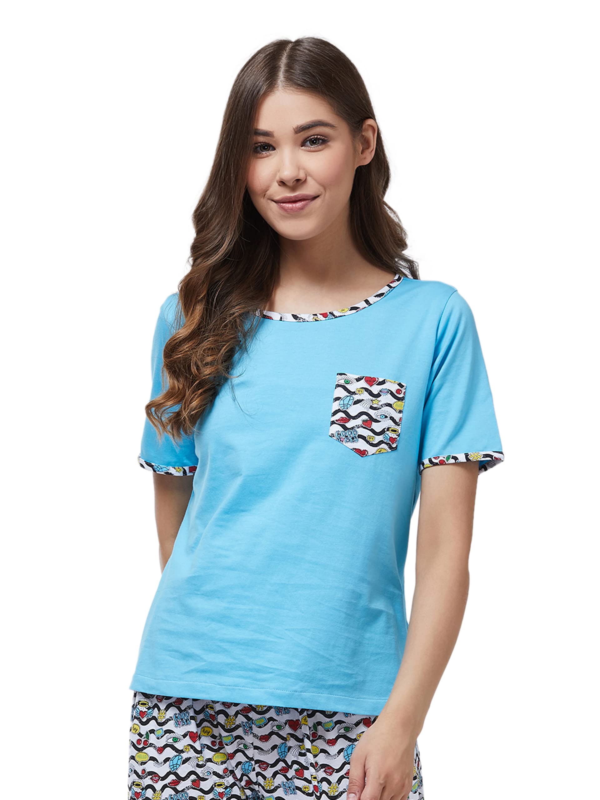 Miss Chase Womens Blue Round Neck Short Sleeves Printed Regular Length T-Shirt (MCAW20NW07-11-115-03, Blue, S)