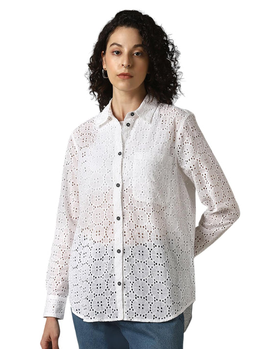 Hubberholme Women Cotton Schiffli Oversized Fit Spread Collar Full Sleeves Shirts