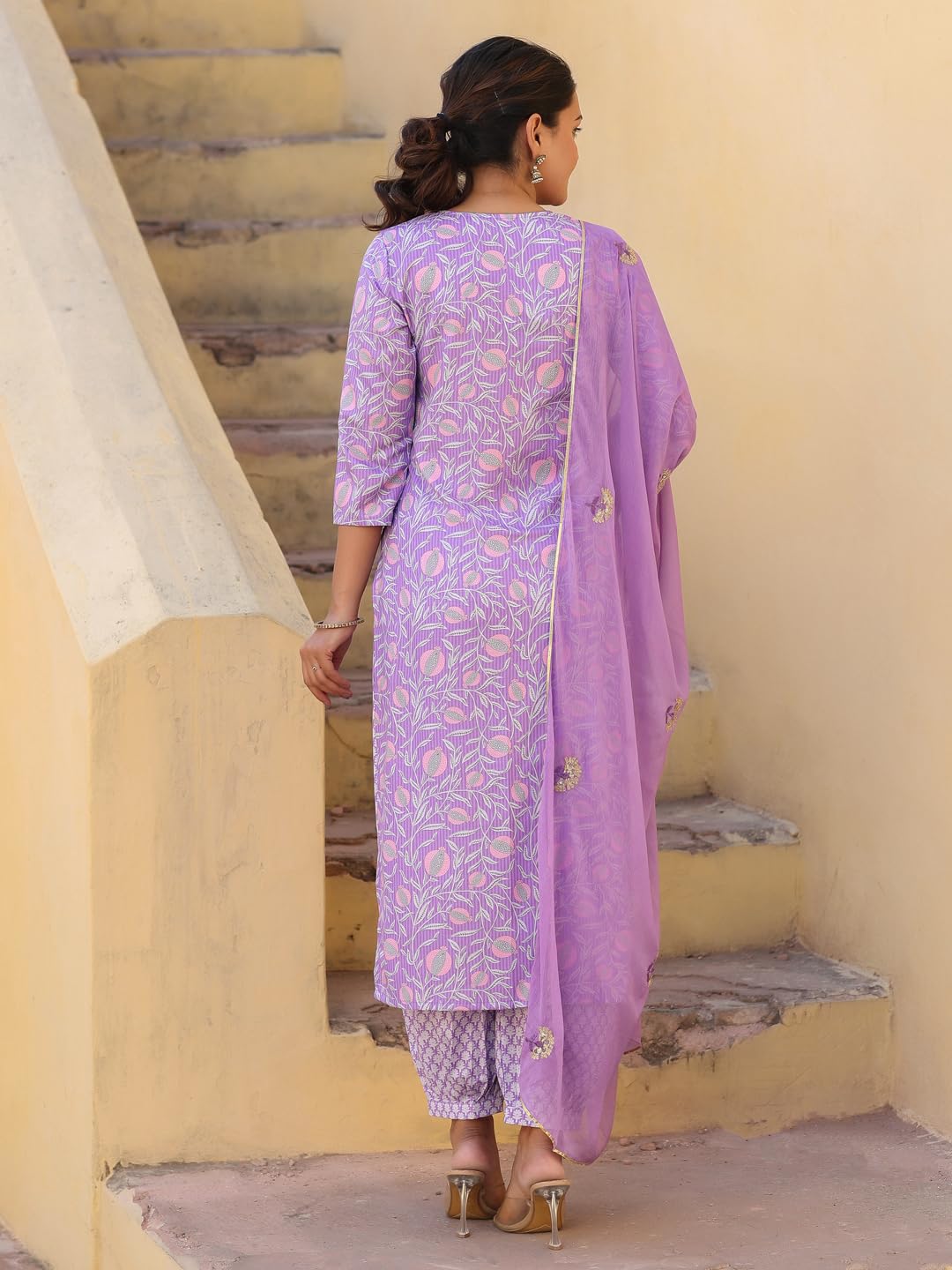 Gosriki WomenS Rayon Blend Printed Straight Kurta With Pant & Dupatta (Welco-Purple-Nw-Gs_L_Purple_Large)
