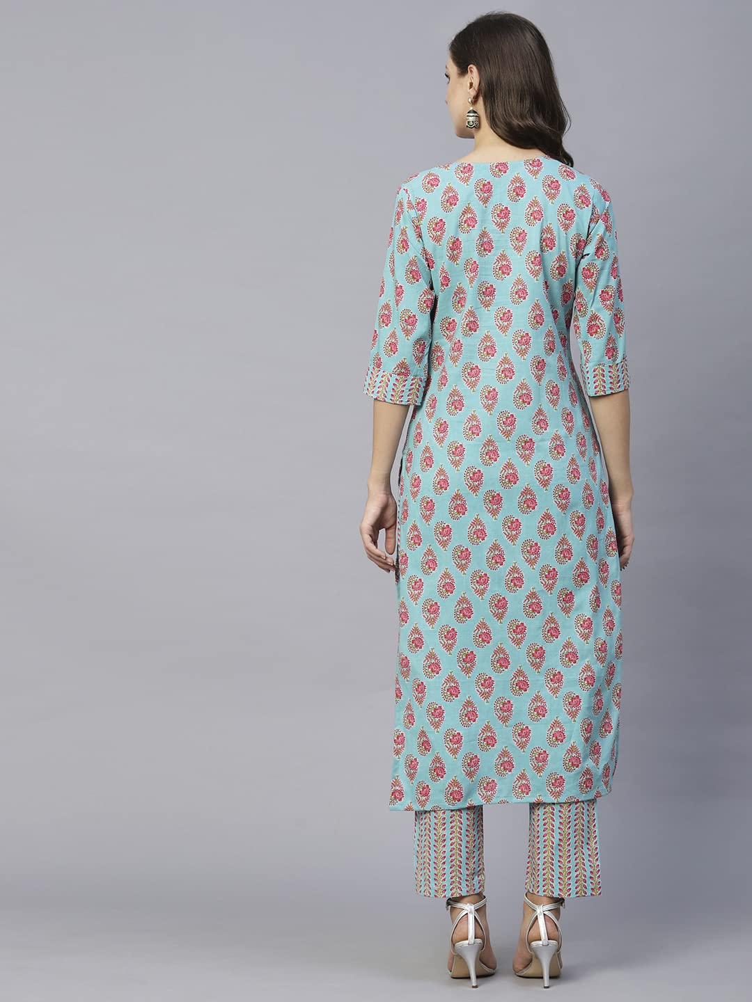 ANNI DESIGNER Women's Cotton Blend Printed Straight Kurta with Pant (Dava Green)